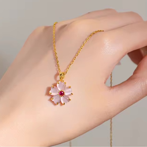 18K Gold Japanese Cherry Blossom Sakura Gemstone Pendant Necklace Bohemian - Picture 7 of 12